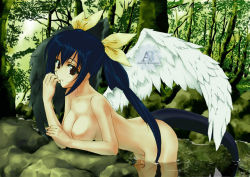 Rule 34 | 1girl, angel, arc system works, asymmetrical wings, blue hair, dizzy (guilty gear), forest, guilty gear, nature, nude, ribbon, solo, tail, tail ornament, tail ribbon, wings
