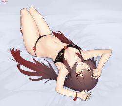 Rule 34 | 1girl, absurdres, armpits, arms up, bead bracelet, beads, bed sheet, bikini, black bikini, black nails, bracelet, breasts, brown hair, cleavage, genshin impact, hair between eyes, half-closed eyes, highres, hu tao (genshin impact), jewelry, long hair, looking at viewer, lying, multicolored hair, nail polish, navel, on back, red eyes, red hair, ring, small breasts, solo, stomach, swimsuit, symbol-shaped pupils, the atko, twintails, two-tone hair