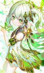 Rule 34 | 1girl, cape, closed mouth, cowboy shot, cross-shaped pupils, dress, genshin impact, green cape, green eyes, green hair, hair ornament, highres, kiramarukou, leaf hair ornament, long hair, looking at viewer, nahida (genshin impact), pointy ears, simple background, solo, symbol-shaped pupils, white background, white dress