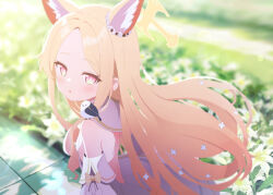 Rule 34 | 1girl, akiyuki nagi, animal ears, bare shoulders, blue archive, blurry, commentary request, depth of field, detached sleeves, dress, facing viewer, forehead, fox ears, fox girl, halo, highres, long hair, open mouth, orange hair, outdoors, red eyes, sailor collar, seia (blue archive), solo, standing, upper body, white dress, white sailor collar, yellow halo