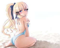 Rule 34 | 1girl, absurdres, ass, back, backlighting, bikini, blonde hair, blue eyes, blush, breasts, day, elf, full body, highres, horse tail, long hair, looking at viewer, md5 mismatch, medium breasts, one-piece swimsuit, outdoors, pointy ears, princess connect!, resolution mismatch, ribbon, saren (princess connect!), sitting, solo, swimsuit, tail, thighs, une, v-shaped eyebrows, white background