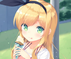 Rule 34 | 1girl, :&gt;, blonde hair, commentary request, copyright name, day, fingernails, food, food on face, green eyes, hair ribbon, hairband, halterneck, ice cream, ice cream cone, ice cream on face, isurugi mio, licking lips, long hair, looking at viewer, mimura zaja, mm!, outdoors, pole, portrait, ribbon, shirt, soft serve, solo, tongue, tongue out, white shirt