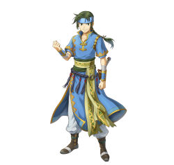 Rule 34 | 1boy, absurdres, bandages, belt, braid, clenched hands, closed mouth, collarbone, commentary request, fire emblem, fire emblem: the blazing blade, fire emblem heroes, full body, gold trim, green eyes, green hair, guy (fire emblem), hand up, headband, highres, indesign, long hair, looking at viewer, male focus, nintendo, noots, official art, pants, pelvic curtain, short sleeves, simple background, single braid, smile, solo, standing, sword, weapon, white background