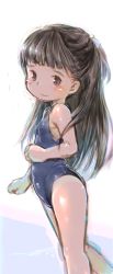 Rule 34 | 1girl, blush, brown eyes, brown hair, covered navel, from side, highres, legs, long hair, looking at viewer, one-piece swimsuit, original, ponytail, ribbon, school swimsuit, sketch, smile, solo, swimsuit, tan, tanline, umekko, white background