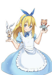 Rule 34 | 1girl, 2boys, :&lt;, alice (alice in wonderland), alice in wonderland, animal ears, blonde hair, blue eyes, blush, brown hair, cheshire cat (alice in wonderland), chibi, dress, errant, hair ribbon, long hair, looking at viewer, monocle, multiple boys, personification, ribbon, silver hair, simple background, smile, sweater vest, tail, white background, white rabbit (alice in wonderland), | |, || ||