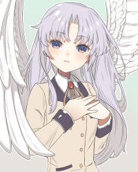 Rule 34 | 1girl, angel, angel beats!, angel wings, blush, commentary request, eyelashes, feathered wings, gradient background, green background, grey background, hands up, highres, jacket, long hair, long sleeves, looking at viewer, neck ribbon, open mouth, own hands together, parted bangs, ribbon, school uniform, sidelocks, simple background, solo, taku hanamiyap, tenshi (angel beats!), upper body, very long hair, white hair, wings, yellow eyes, yellow jacket, yellow ribbon