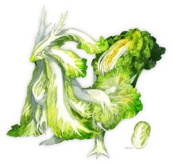 Rule 34 | animal, animal focus, closed mouth, dragon, food focus, full body, green theme, highres, horns, napa cabbage, no humans, omarumaru, original, simple background, smile, solo, white background