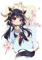 Rule 34 | 1girl, animal ears, black footwear, black hair, black thighhighs, blue eyes, blue kimono, boots, branch, bridal gauntlets, chibi, closed mouth, commentary, commission, crossed legs, cup, english commentary, flower, holding, holding cup, holding saucer, horns, hyanna-natsu, japanese clothes, kimono, long hair, long sleeves, looking at viewer, low twintails, original, pink flower, saucer, smile, solo, thigh boots, thighhighs, twintails, very long hair, wide sleeves