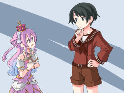 Rule 34 | 2girls, alternate breast size, black eyes, black hair, bracelet, brown shorts, candy hair ornament, crown, dress, flat chest, food-themed hair ornament, green eyes, hair ornament, hand on own chin, hand on own hip, height difference, heterochromia, himemori luna, himemori luna (1st costume), hololive, jewelry, kantai collection, long hair, mogami (kancolle), multiple girls, one-hour drawing challenge, pink dress, pink hair, purple eyes, school uniform, serafuku, short hair, shorts, sixten, virtual youtuber