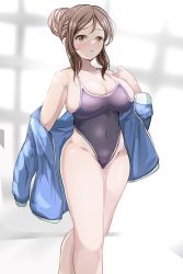 Rule 34 | 1girl, :o, ayase honoka, blue jacket, blue one-piece swimsuit, blurry, blurry background, blush, breasts, brown eyes, brown hair, cleavage, collarbone, covered navel, feet out of frame, groin, hair bun, highres, huge breasts, idolmaster, idolmaster cinderella girls, jacket, jacket partially removed, kizzmy lance, large breasts, one-piece swimsuit, sideboob, single hair bun, skin tight, skindentation, solo, sunlight, swimsuit