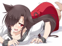 Rule 34 | 1girl, all fours, animal ears, blouse, breasts, brown hair, cleavage, clothes lift, collarbone, dog, extra ears, hair over one eye, heavy breathing, hemogurobin a1c, imaizumi kagerou, large breasts, long hair, looking at viewer, open mouth, pointy ears, puffy short sleeves, puffy sleeves, red eyes, red skirt, scrunchie, shirt, short sleeves, skirt, skirt lift, solo, tail, tail wagging, touhou, white shirt, white shirt, wolf ears, wolf tail, wrist scrunchie