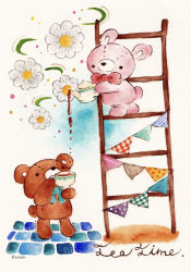 Rule 34 | animal focus, aqua bow, aqua bowtie, artist name, bear, bow, bowtie, rabbit, commentary request, cup, daisy, english text, flower, friends, holding, kumao (user wgk2046), ladder, looking at another, looking up, no humans, original, painting (medium), pouring, red bow, red bowtie, script, simple background, standing, stuffed animal, stuffed rabbit, stuffed toy, tea, teacup, teapot, teddy bear, traditional media, watercolor (medium), white background