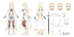 Rule 34 | 1girl, absurdres, armor, armored boots, armored dress, belt, blonde hair, blue eyes, blue skirt, blush, boots, bow, buckle, character name, character sheet, concept art, corset, cross-laced footwear, crystalline, detached sleeves, faulds, fingerless gloves, garter straps, gauntlets, gloves, gold trim, hair ornament, hairband, hand on own chest, high heel boots, high heels, highres, lace-up boots, leanna dawn, long hair, pauldrons, sheath, sheathed, shoulder armor, single fingerless glove, single gauntlet, skirt, smile, sunimu, sword, thighhighs, waist cape, weapon, white armor, white background, zettai ryouiki