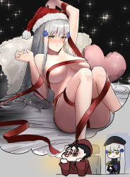 Rule 34 | 1boy, 1girl, alternate costume, arm behind head, arm up, bare shoulders, blush, breasts, christmas, closed mouth, commander (girls&#039; frontline), covered erect nipples, girls&#039; frontline, green eyes, griffin &amp; kryuger military uniform, hair ornament, hairclip, hanabusaraleigh, hat, highres, hk416 (girls&#039; frontline), large breasts, long hair, looking at viewer, medium breasts, naked ribbon, pillow, red headwear, red ribbon, ribbon, santa costume, santa hat, silver hair, simple background, smile, star (symbol), starry background, teardrop facial mark, teardrop tattoo