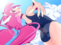 Rule 34 | 10s, 1girl, ass, back, bad id, bad pixiv id, choker, cloud, cure happy, day, earrings, g-mero, head wings, highres, hoshizora miyuki, jewelry, long hair, looking back, magical girl, one-piece swimsuit, outstretched arms, pink eyes, pink hair, precure, school swimsuit, sky, smile precure!, solo, sunlight, swimsuit, tiara, twintails, wings