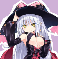 Rule 34 | 1girl, bare shoulders, blush, breasts, detached sleeves, earrings, covered erect nipples, hand on breast, hat, heart, heart earrings, homura subaru, jewelry, lillian (homura subaru), lillian ljungstrom, long hair, looking at viewer, nail polish, original, pointy ears, silver hair, smile, solo, upper body, witch, witch hat, yellow eyes