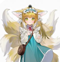 Rule 34 | 1girl, absurdres, animal ear fluff, animal ears, arknights, bag, blonde hair, blue dress, blue hairband, blush, commentary request, cool est, dress, fox ears, fox girl, fox tail, frilled hairband, frills, green eyes, grey background, hairband, hand up, highres, jacket, kitsune, long hair, long sleeves, looking at viewer, luo xiaohei zhanji, multicolored hair, neck ribbon, on head, open clothes, open jacket, puffy long sleeves, puffy sleeves, red ribbon, ribbon, shirt, shoulder bag, simple background, smile, solo, suzuran (arknights), suzuran (spring praise) (arknights), tail, two-tone hair, very long hair, white hair, white jacket, white shirt