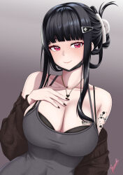 Rule 34 | 1girl, absurdres, arm tattoo, barcode, barcode tattoo, black bra, black hair, black nails, bra, bra peek, breast tattoo, breasts, butterfly tattoo, d (killer wife) (nikke), d (nikke), dongtan dress, dress, goddess of victory: nikke, grey dress, heart, heart necklace, highres, jewelry, large breasts, mask, meme attire, mouth mask, nail polish, necklace, pink eyes, ramiki (ramesgoag), solo, tattoo, underwear