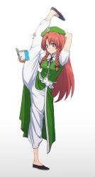 Rule 34 | 1girl, absurdres, beret, blue eyes, book, braid, chinese clothes, hat, highres, hong meiling, leg up, leon (mikiri hassha), long hair, reading, red hair, side braid, simple background, solo, split, standing, standing on one leg, standing split, tangzhuang, touhou, twin braids, white background