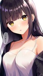 Rule 34 | 1girl, black hair, blush, breasts, cleavage, highres, large breasts, looking at viewer, original, parted lips, ramchi, solo, yellow eyes