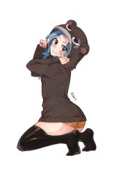 Rule 34 | 1girl, bad id, bad twitter id, black sweater, black thighhighs, blue hair, blush, brown eyes, character costume, fairy tail, from side, full body, head tilt, highres, hood, hooded sweater, kneeling, levy mcgarden, long hair, looking at viewer, orange shorts, pantherlily, rusky, short shorts, shorts, simple background, smile, solo, sweater, thighhighs, white background