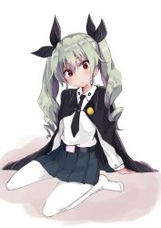 Rule 34 | 1girl, :o, amano kouki, anchovy (girls und panzer), anzio school uniform, arm support, belt, black belt, black cape, black necktie, black skirt, blush, boots, cape, commentary, dress shirt, drill hair, ean, full body, girls und panzer, green hair, hair ribbon, head tilt, highres, knee boots, leaning back, long hair, long sleeves, looking at viewer, miniskirt, necktie, no shoes, one-hour drawing challenge, pantyhose, parted lips, pleated skirt, red eyes, ribbon, school uniform, shirt, skirt, solo, twin drills, twintails, white pantyhose, white shirt