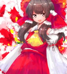 Rule 34 | 1girl, :d, ascot, blouse, bow, brown eyes, brown hair, commentary, detached sleeves, hair bow, hair tubes, hakurei reimu, highres, kujikimi, large bow, long hair, looking at viewer, name connection, object namesake, open mouth, reimu (flower), shirt, skirt, skirt set, smile, solo, touhou, yellow ascot
