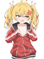 Rule 34 | 1girl, absurdres, anger vein, blonde hair, blue archive, blush, breasts, brown eyes, commentary request, fang, hair ribbon, hand up, highres, jacket, looking to the side, mangyu0111, medium hair, red jacket, ribbon, simple background, skin fang, small breasts, track jacket, twintails, upper body, white background, yoshimi (blue archive)