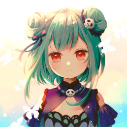 Rule 34 | 1girl, blue dress, blue ribbon, blush, bug, butterfly, closed mouth, commentary, detached collar, double bun, dress, earrings, english commentary, green hair, hair bun, hair ornament, hair ribbon, highres, hololive, insect, jewelry, kamui (kamuikaoru), looking at viewer, red eyes, ribbon, skull hair ornament, solo, tearing up, upper body, uruha rushia, uruha rushia (1st costume), virtual youtuber, white butterfly