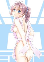 Rule 34 | 10s, 1girl, alternate costume, aoba (kancolle), apron, ass, ass grab, blue eyes, breasts, covering privates, covering ass, from behind, frown, hair between eyes, hand on own ass, head tilt, highres, kantai collection, looking at viewer, medium breasts, naked apron, ponytail, purple hair, scrunchie, sideboob, solo, thighs, zero (miraichizu)