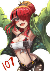 Rule 34 | 1girl, :d, armpits, arms up, bandeau, bare shoulders, black hair, blush, breasts, cleavage, commentary request, cowboy shot, green jacket, hair over one eye, jacket, lain paterson, lain paterson (1st costume), large breasts, long hair, long sleeves, looking at viewer, midriff, multicolored hair, navel, nijisanji, open clothes, open fly, open jacket, open mouth, ponytail, pouch, purple eyes, red hair, simple background, smile, solo, standing, stomach, strapless, streaked hair, suspenders, tokito (star), tube top, virtual youtuber, white background