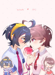 Rule 34 | 1boy, 1girl, apple, black hair, blush, brown hair, chibi, chibi inset, closed mouth, coletta (colet colettia), collared shirt, commentary request, creatures (company), eye contact, food, forehead-to-forehead, fruit, game freak, heads together, heart, hetero, highres, holding, holding food, holding fruit, juliana (pokemon), kieran (pokemon), looking at another, multiple views, necktie, nintendo, pink necktie, pokemon, pokemon sv, red eyes, red necktie, shirt, simple background, smile, sparkle, white background, white shirt, yellow eyes