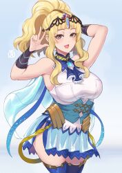 1girl blonde_hair blue_thighhighs brooch brown_eyes clair_(fire_emblem) clair_(resplendent)_(fire_emblem) fire_emblem fire_emblem_echoes:_shadows_of_valentia fire_emblem_heroes jewelry looking_at_viewer nintendo open_mouth revolverwing thighhighs