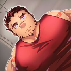 Rule 34 | 1boy, absurdres, akashi (live a hero), bara, blank stare, facial hair, foreshortening, from below, goatee, highres, large pectorals, live a hero, looking at viewer, looking down, male focus, meme, muscular, muscular male, nipple slip, nipples, pectoral cleavage, pectoral focus, pectorals, photo-referenced, ramusyutarou, red eyes, red hair, red tank top, scar, scar on face, scar on nose, short hair, sidepec, solo, tank top, thick eyebrows, upper body, yur oc like this (meme)