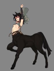 Rule 34 | 1girl, absurdres, animal ears, arms up, bar censor, bare shoulders, belt, black hair, book, breasts, censored, centaur, crop top, detached sleeves, ear piercing, eyebrow piercing, grey background, hair between eyes, hat, highres, hooves, horse tail, jewelry, lip piercing, looking at viewer, medium hair, midriff, monster girl, navel, navel piercing, open mouth, original, piercing, purple eyes, simple background, small breasts, solo, stretching, tail, taur, todding, underboob, witch hat