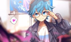 Rule 34 | 1boy, adjusting eyewear, alternate costume, bad id, bad twitter id, blue eyes, blue hair, blurry, casual, depth of field, eyelashes, fate/extra, fate/extra ccc, fate (series), glasses, hans christian andersen (fate), hans christian andersen (festival outfit) (fate), heart, jacket, male focus, no-kan, poster (object), smile, solo, spoken heart