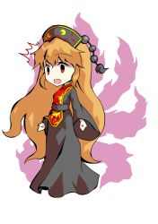 Rule 34 | 1girl, belt, black eyes, bow, bowtie, breasts, chibi, chinese clothes, clip studio paint (medium), crescent, dairi, dress, energy, full body, grey belt, grey dress, grey hat, hair between eyes, hat, junko (touhou), long hair, long sleeves, looking to the side, medium breasts, open mouth, orange hair, phoenix crown, pom pom (clothes), red eyes, simple background, solo, standing, surprised, tabard, tachi-e, touhou, transparent background, white background, wide sleeves, yellow bow, yellow bowtie