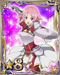 Rule 34 | 10s, 1girl, armor, breastplate, card (medium), hair ornament, hairclip, holding, holding weapon, lisbeth (sao-alo), looking at viewer, open mouth, pink eyes, pink hair, pointy ears, shield, short hair, skirt, solo, star (symbol), sword art online, weapon