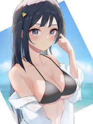 Rule 34 | 1girl, absurdres, bare shoulders, black hair, blue eyes, blue sky, blush, breasts, cleavage, closed mouth, collarbone, hand up, highres, long hair, long sleeves, looking at viewer, love live!, love live! nijigasaki high school idol club, medium breasts, off shoulder, one side up, open clothes, open shirt, outdoors, outside border, shirt, sky, smile, solo, straight hair, tanaka212, underboob, upper body, white shirt, yuki setsuna (love live!)