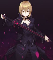 Rule 34 | 1girl, artoria pendragon (all), artoria pendragon (fate), bad id, bad pixiv id, black background, black shirt, black skirt, blonde hair, breasts, choker, cleavage, collarbone, excalibur morgan (fate), fate/stay night, fate (series), formal, hair between eyes, highres, holding, holding sword, holding weapon, long sleeves, looking at viewer, medium breasts, saber alter, shirt, short hair, shrug (clothing), skirt, skirt suit, sleeveless, sleeveless shirt, solo, suit, sword, tio (005), weapon, yellow eyes