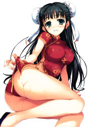 Rule 34 | 1girl, absurdres, arm support, ass, black hair, breasts, bun cover, china dress, chinese clothes, covered erect nipples, double bun, dress, green eyes, hair bun, highres, large breasts, long hair, lying, non-web source, on side, panties, red panties, simple background, smile, solo, tomose shunsaku, underwear, wet