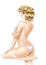 Rule 34 | 1990s (style), 1girl, agent aika, aika (series), ass, bare back, bare pectorals, blonde hair, blue delmo, blue eyes, blush, breasts, breasts out, catherine (agent aika), closed mouth, delmo, female focus, flexible, leg lift, medium breasts, nipples, no bra, panties, pantyshot, pectorals, retro artstyle, shiny skin, short hair, simple background, solo, standing, standing on one leg, thighhighs, thighs, topless, underwear, underwear only, white background, yuusuke (ziyasu)