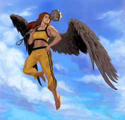 Rule 34 | 1girl, alien, barefoot, dc comics, feathered wings, female focus, flying, hand on own hip, hawkgirl, highres, mace, midriff, muscular, nick robles, orange hair, realistic, solo, torn clothes, weapon, wings