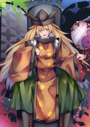 Rule 34 | 1girl, absurdres, arm up, blonde hair, boots, brown footwear, brown hat, cape, chair, drum, energy, green skirt, hair between eyes, hands up, hat, highres, instrument, koizumo, long hair, long sleeves, matara okina, open mouth, orange cape, shirt, sitting, skirt, smile, solo, sun symbol, touhou, white shirt, yellow eyes