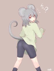 Rule 34 | 1girl, alternate costume, animal ears, ass, bike shorts, black legwear, blush, cube85, grey hair, highres, long sleeves, looking at viewer, mouse ears, mouse tail, nazrin, open mouth, red eyes, ribbed sweater, short hair, solo, sweater, tail, touhou, translation request