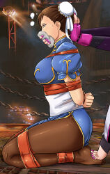 Rule 34 | 2girls, absurdres, bdsm, black eyes, black pantyhose, blue dress, bondage, bound, breasts, brown hair, capcom, china dress, chinese clothes, chloroform, chun-li, commentary, covering own mouth, double bun, dress, drugged, english commentary, fingerless gloves, from side, gagged, gloves, hair bun, han juri, hand gagged, hand on another&#039;s head, hand over another&#039;s mouth, hand over another's mouth, highres, holding, holding clothes, kneeling, large breasts, lost one zero, mixed-language commentary, multiple girls, out of frame, paid reward available, pantyhose, purple gloves, purple nails, restrained, rolling eyes, short sleeves, solo focus, stirrup legwear, street fighter, taut clothes, toeless legwear, variant set