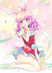 Rule 34 | 1girl, ahoge, animal ears, bare shoulders, barefoot, blue eyes, blush, rabbit ears, confetti, curly hair, dress, elin, jewelry, long hair, looking at viewer, natsuka, necklace, pink hair, ribbon, short dress, sitting, smile, solo, tail, tera online