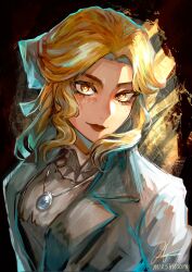 Rule 34 | 1girl, absurdres, alice deross, artist name, backlighting, blonde hair, blue bow, bow, bright pupils, collar, curly hair, freckles, frilled collar, frills, hair bow, highres, identity v, jacket, jewelry, locket, looking at viewer, mirshroom, necklace, orange eyes, parted bangs, pendant, portrait, red background, red lips, shirt, signature, simple background, smile, solo, upper body, white jacket, white pupils, white shirt