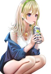 Rule 34 | 1girl, blonde hair, blue eyes, blue jacket, blush, breasts, drinking, earrings, feet out of frame, hairband, highres, holding, jacket, jewelry, long sleeves, looking at viewer, medium breasts, mole, mole on breast, necklace, off-shoulder jacket, off shoulder, original, shirt, simple background, smile, solo, squatting, thighs, turisasu, white background, white shirt