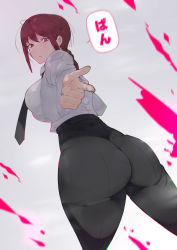 Rule 34 | 1girl, absurdres, agovitch, alexander agoago, ass, braid, breasts, chainsaw man, formal, from behind, highres, huge ass, large breasts, long hair, looking at viewer, looking back, looking down, makima (chainsaw man), pants, pantylines, red eyes, red hair, shirt, sideboob, single braid, solo, tight clothes, tight pants, translation request